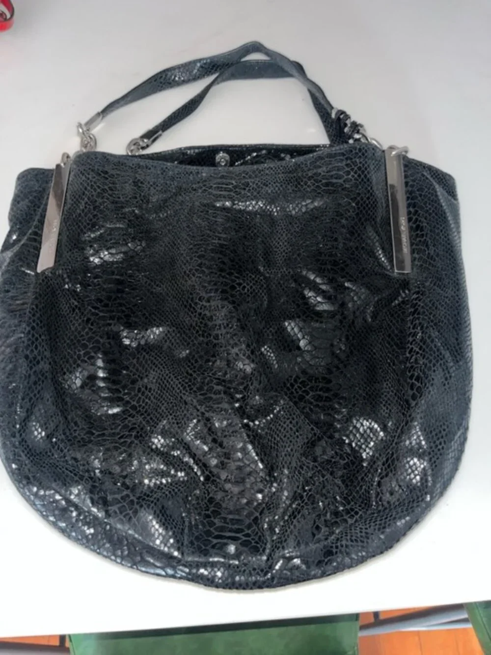 Michael Kors Black Embossed Snakeskin Hobo Shoulder Bag Silver Hardware